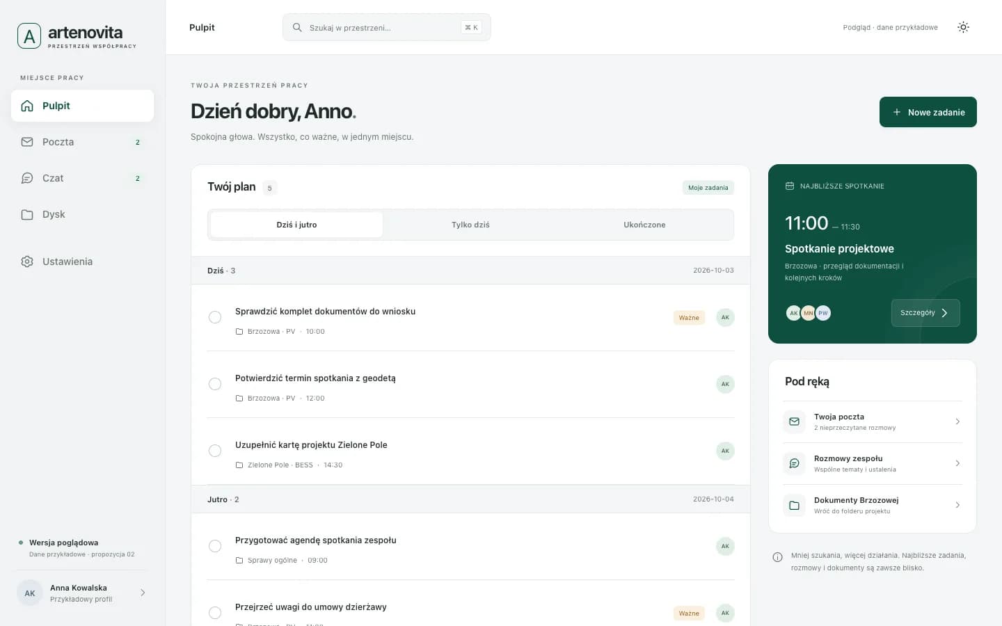 Artenovita — druga wersja CRM — pulpit
