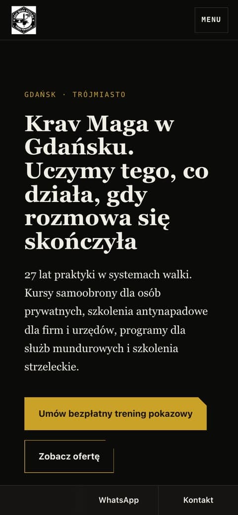 Strona szkoły samoobrony — widok mobilny
