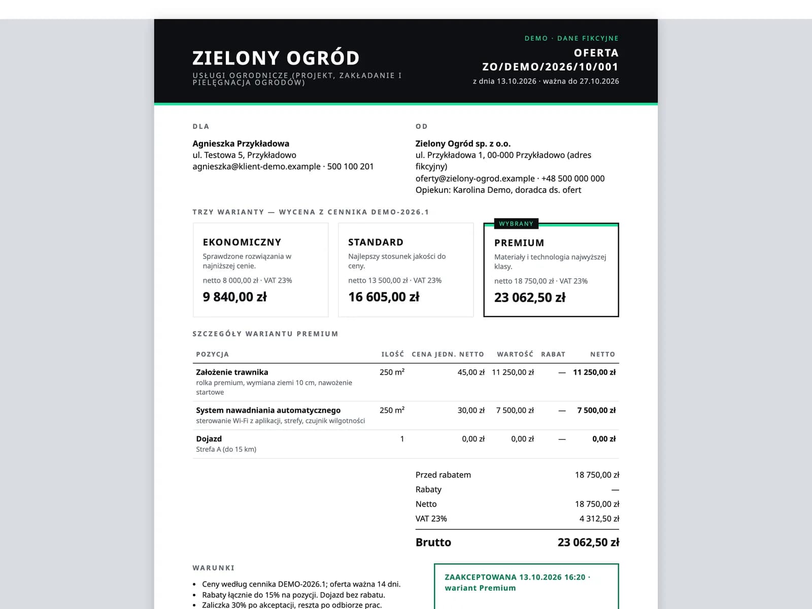 Oferta demo „Zielony Ogród” (firma fikcyjna) — trzy warianty z cennika
