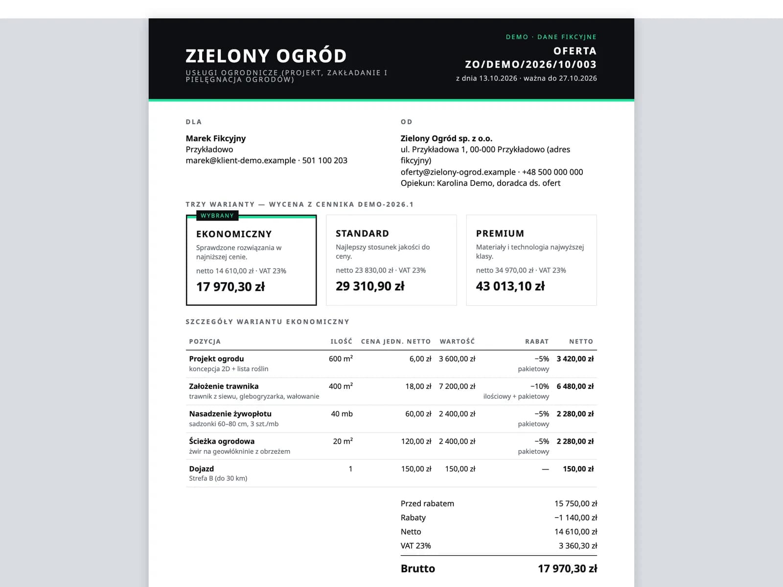 Oferta demo — pakiet usług z rekomendowanym wariantem