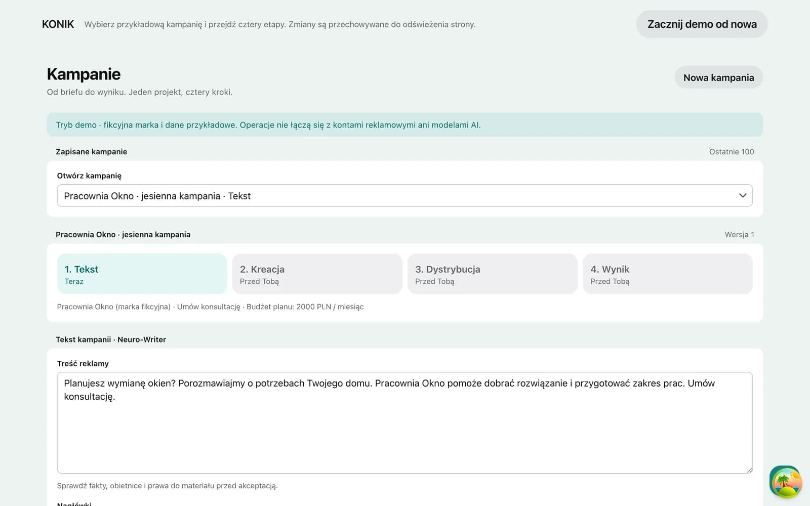 Konik RevOS w trybie demo: kampania „Pracownia Okno” (marka fikcyjna), etap tekstu reklamy