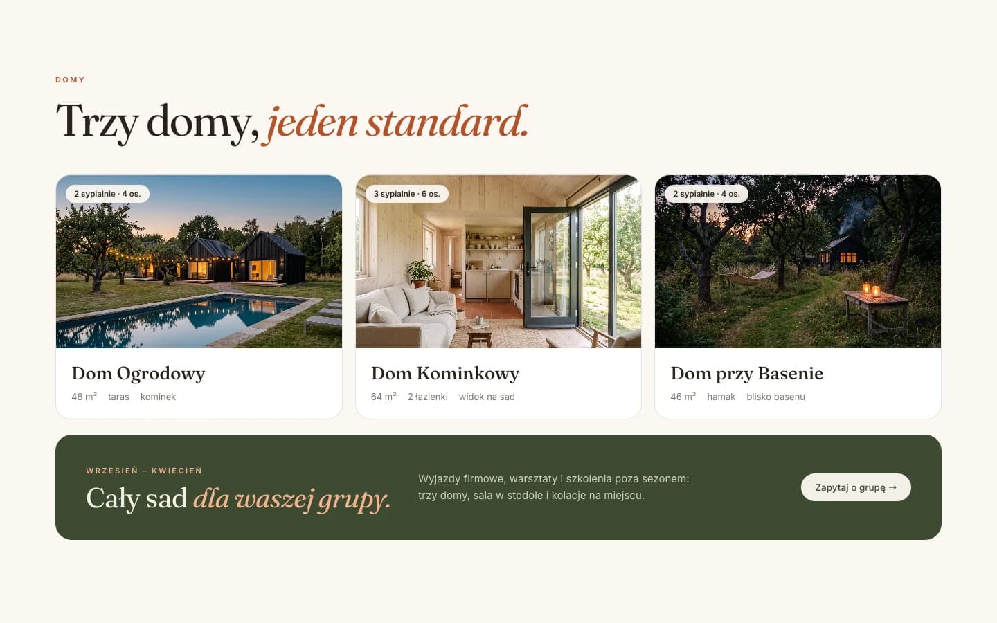 Trzy Jabłonie (marka fikcyjna) — domy i oferta dla grup