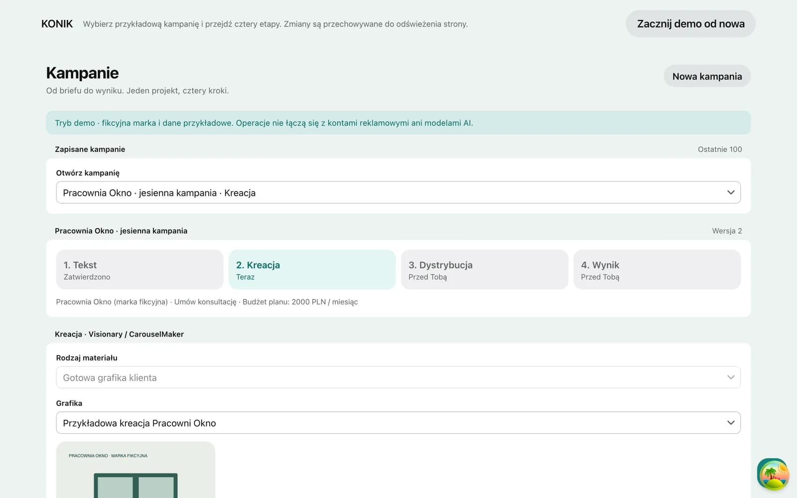 Tryb demo — etap 2: kreacja z szablonu