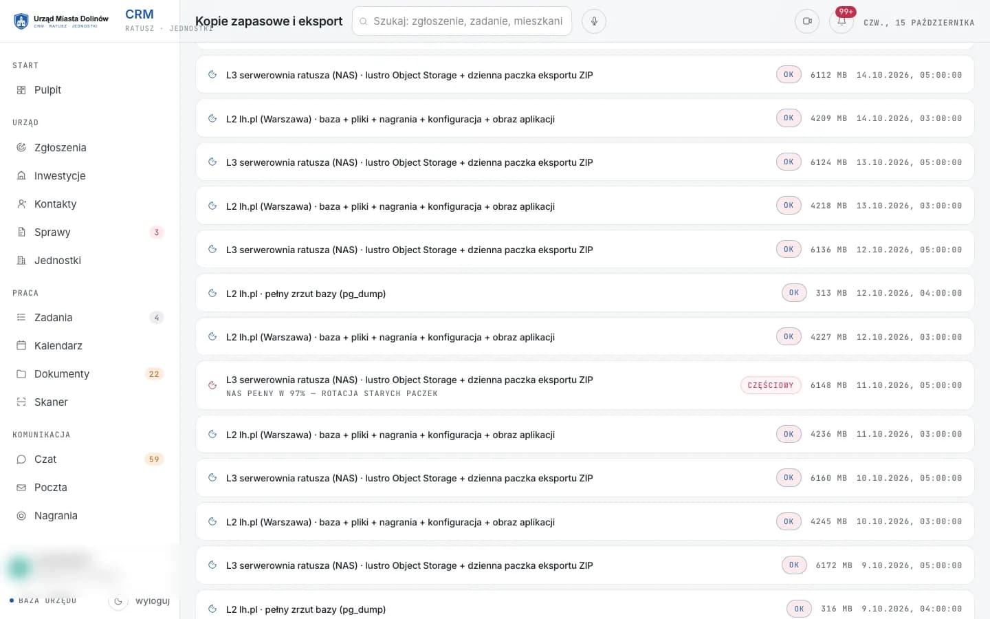 Demo CRM urzędu (dane fikcyjne) — kopie zapasowe