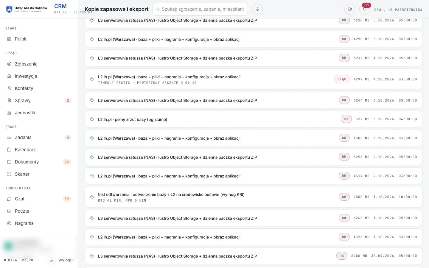 Demo CRM urzędu (dane fikcyjne) — historia kopii