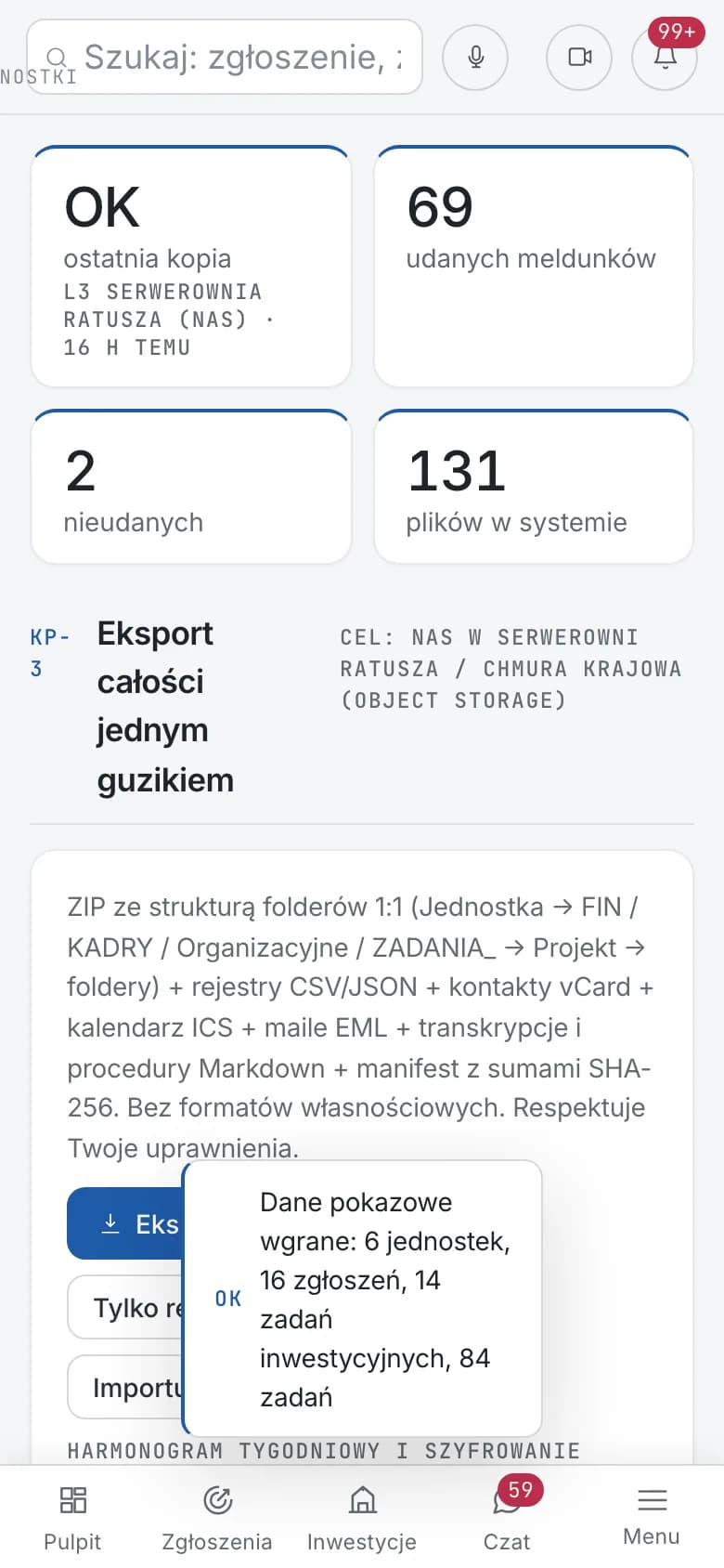 Demo CRM urzędu (dane fikcyjne) — widok mobilny