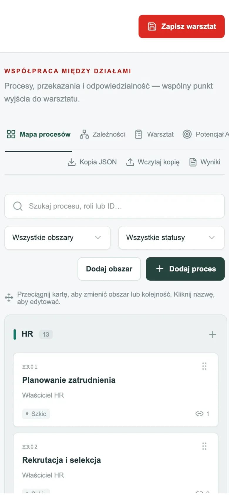 Pracownia procesów — widok mobilny